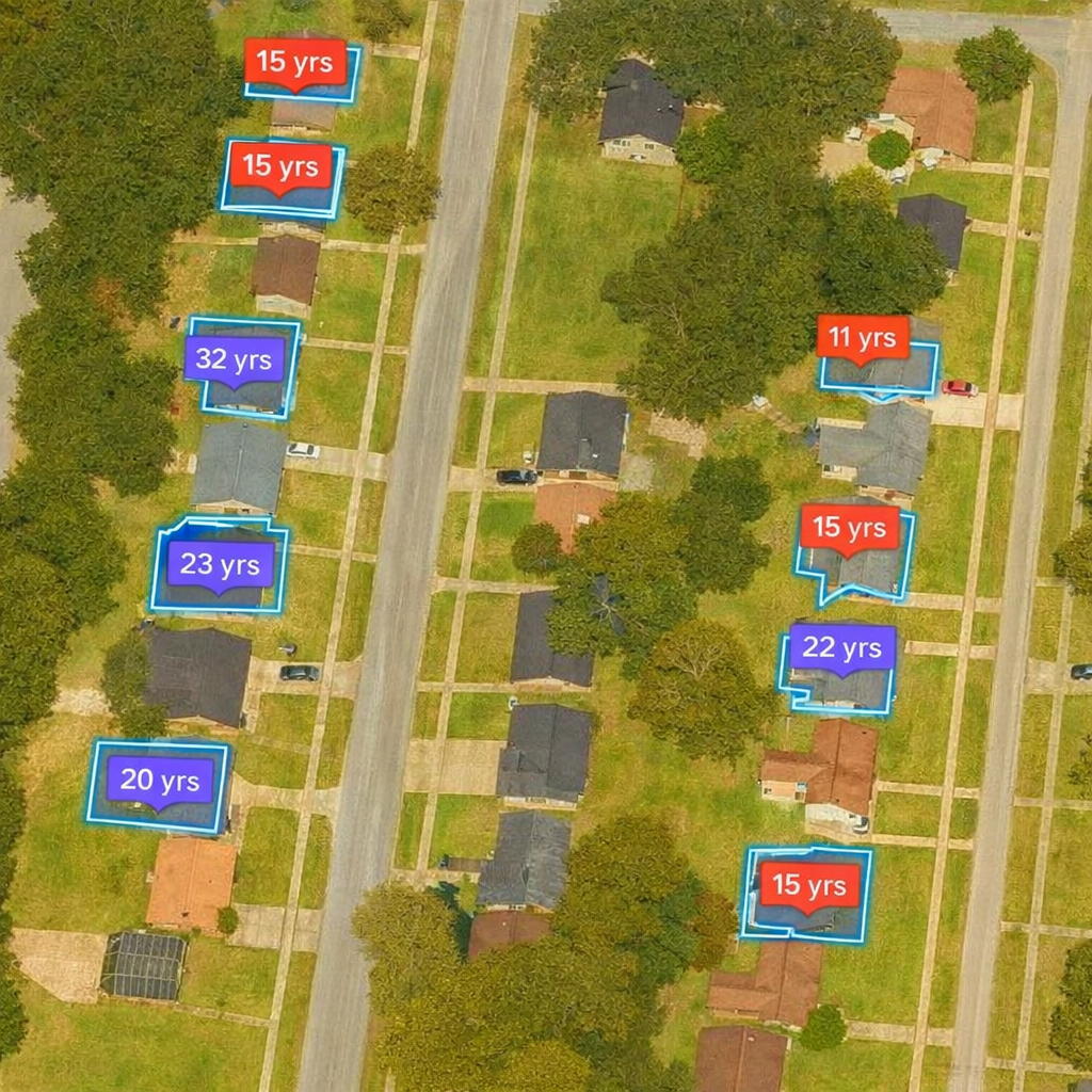 Aerial view of neighborhood with roof age markers